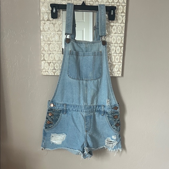 91 cotton on Pants - Light Blue Denim Short Overalls - Women's Distressed Jean Shorts